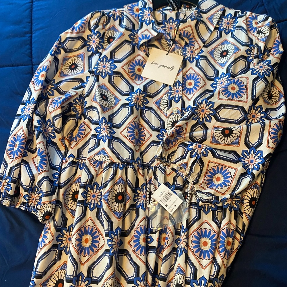 Blue and Orange Geometric Midi Dress